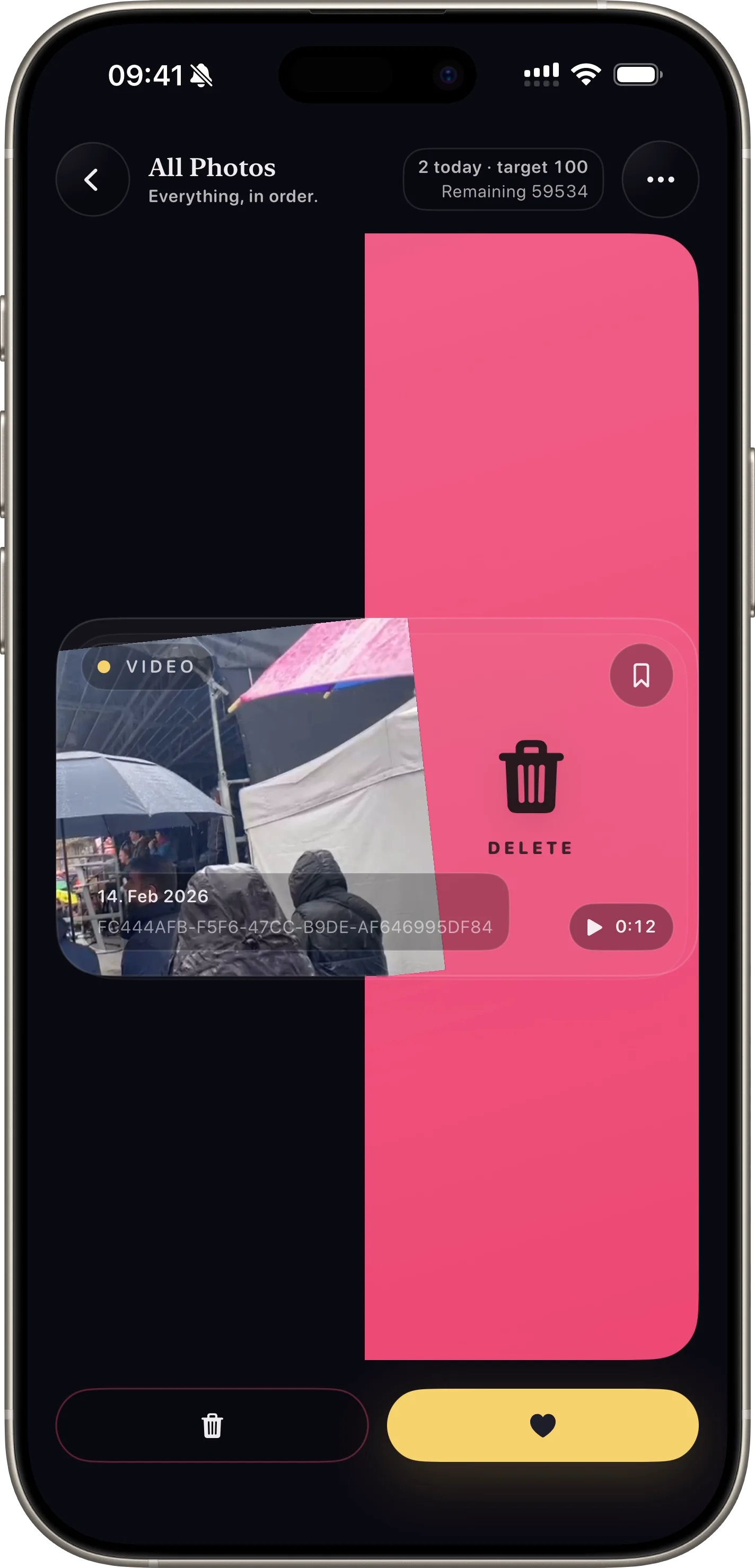 SwipePurge gesture showing left swipe to queue photo deletion.